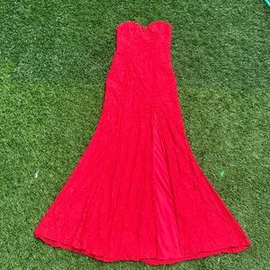 red strapless lace dress